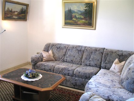 Im Wohnzimmer steht diese ausziehbare Couch zur Verf�gung.